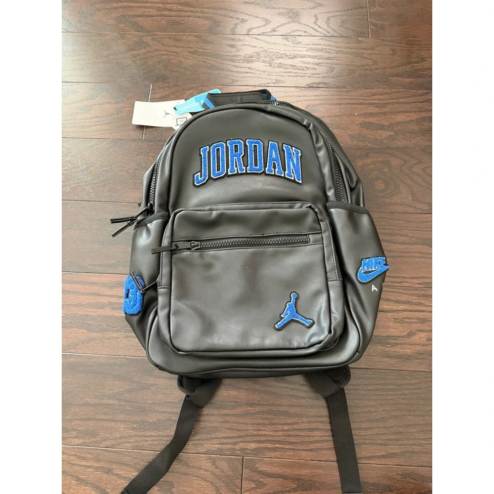 Jordan MVP Backpack Black Blue Chenille Patches Faux Leather Bag MA0899-023